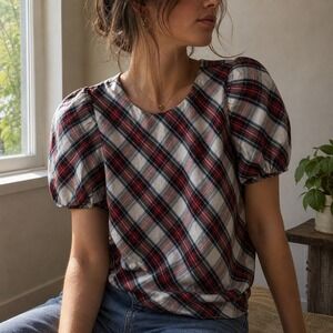 J. Crew Red Plaid Puff Sleeve Top Size XS Preppy Academia BV626